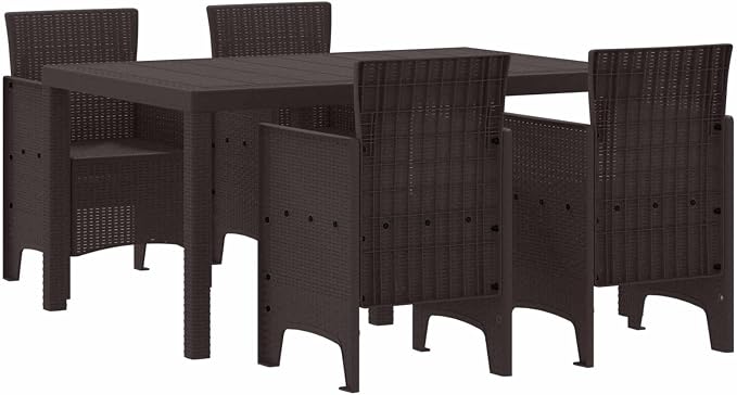 Garden Dining Set 5 pcs Brown Polt Rattan Modern Outdoor Patio Furniture Set UV-Treated for Brunch & Dinner, Rectangular Table & 4 Chairs for Garden, Patio, Balcony