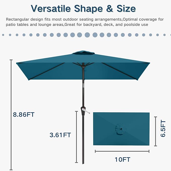 6.5'x10' Rectangular Patio Outdoor Umbrella,Large Coverage with Push-Button Tilt & UV Protection,Sturdy Ribs for Deck,Lawn,Pool,Backyard