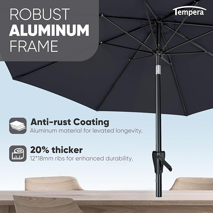 Tempera Patio Market Outdoor Table Umbrella with Push Button Tilt and Crank, Large Sun Umbrella with Sturdy Pole & Fade Resistant Canopy, Easy to Set