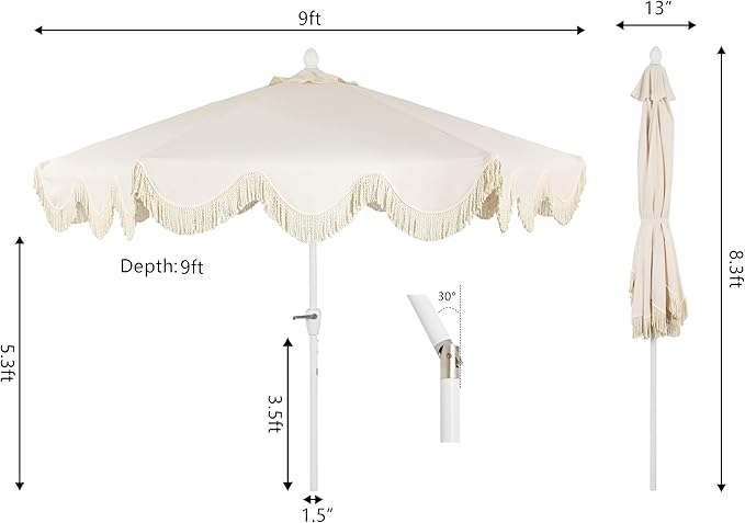 JONATHAN Y UMB1001 Collins 9 ft. Classic Cottage Tassel Market Patio Umbrella with Auto-Tilt, Crank, Wind Vent and UV Protection
