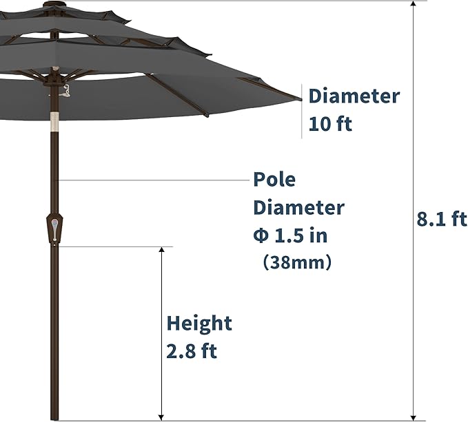 PatioKingdom 9ft 3-Tier Patio Market Umbrella with Crank/Tilt, Commercial Heavy Duty Wind Proof,Outdoor Table Umbrella with 8 Fiberglass Ribs,UPF50+ for Deck,Pool,Garden,Backyard (Gray)