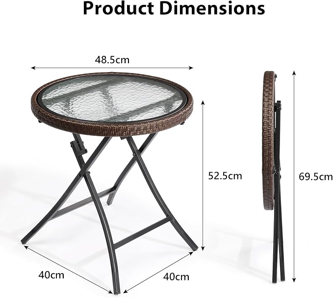19'' Patio Bistro Table,Outdoor Side Table, Round Rattan Patio Side Table, Small Foldable Wicker Table with Tempered Glass Table Top for Lawn Garden Balcony Porch Deck Pool, Brown