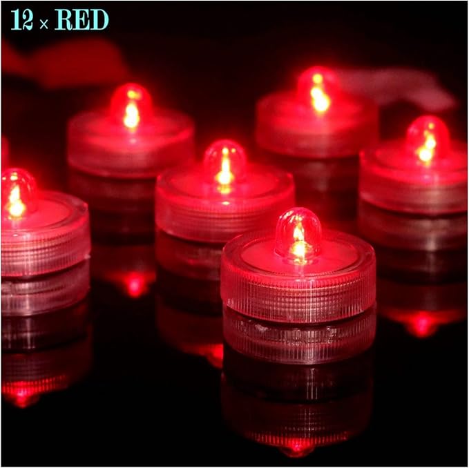 Bright LED Battery Operated Flameless Tea Light, Submersible Tea Candle Waterproof Decorations Underwater Vase Light for Party & Wedding, Pack of 12, Red