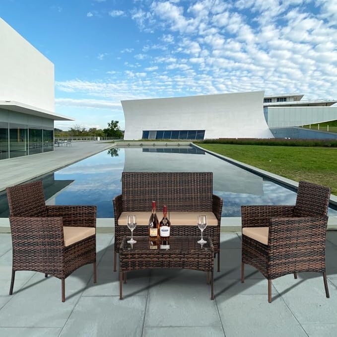 JHshop 4 Pieces Patio Conversation Set with Coffee Table, Rattan Sofa Set with Tempered Glass Coffee Table, Outdoor Furniture for Balcony Backyard Porch Garden, Sofa Chair with Coffee Table