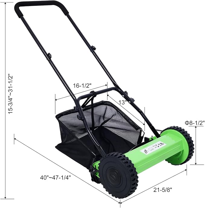 Lawn Mower 16-Inch 5-Blade Reel Mower Push Reel Lawn Mower with Grass Catcher (Green)