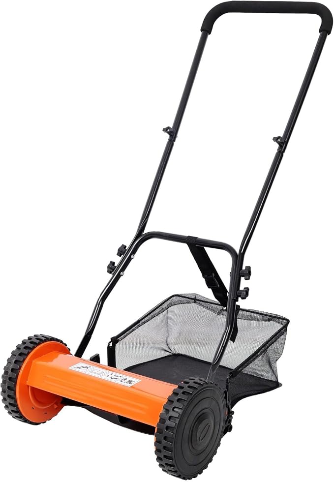 14-Inch 5-Blade Push Reel Lawn Mower with Grass Catcher, Adjustable Height 0.6-1.8 Inch, Manual Hand Push Mower with Heat-Treated Alloy Steel Blades, Gas-Free Grass Cutter, Orange