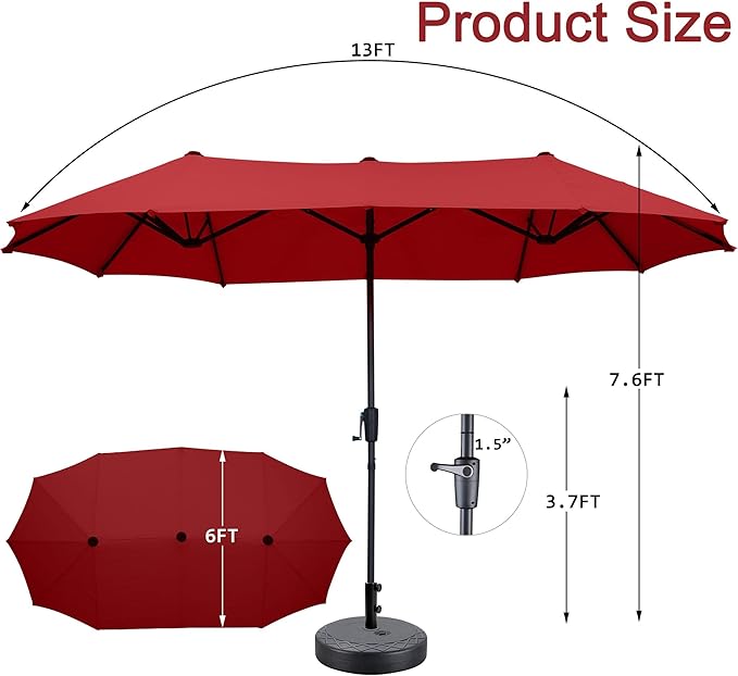 13 ft Patio Umbrella with Base, Large Rectangle Outdoor Umbrella with Matching Stand, Strap, Crank, Red