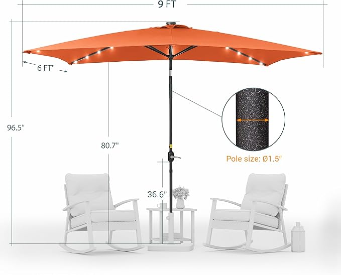 Rectangle Patio Umbrella with Solar Lights, 6x9ft Outdoor Rectangular Table Market Umbrella Patio with Push Button Tilt and Crank for Pool, Deck, Garden,Backyard
