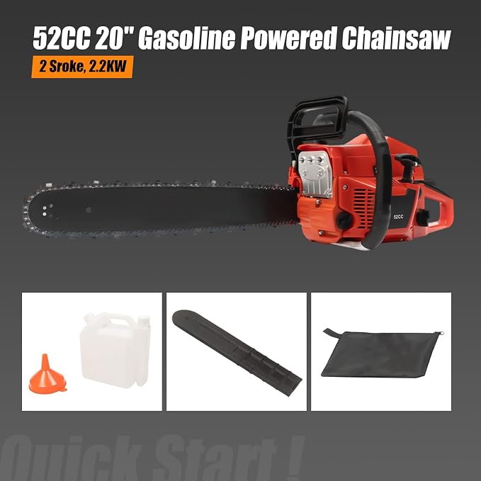 Gasoline Chainsaw, 2 Stroke 2.2kw Gas Powered Chain Saw Engine, 52cc 3HP 20 Inch Air-cooled Cutting Saw for Forest Harvesting/Cutting Wood/Pruning Branches/Gardening/Home Woodworking