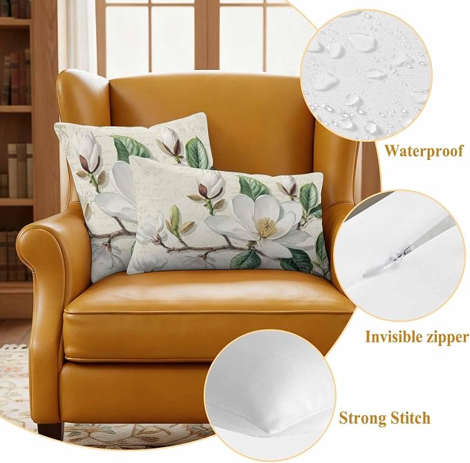 Retro Flowers Waterproof Outdoor Pillow Covers Set of 2 Home Decor, Farmhouse Leaf Branch Green Plants Pillowcase Patio Pillow Covers for Couch Bench Furniture Garden 24x24in