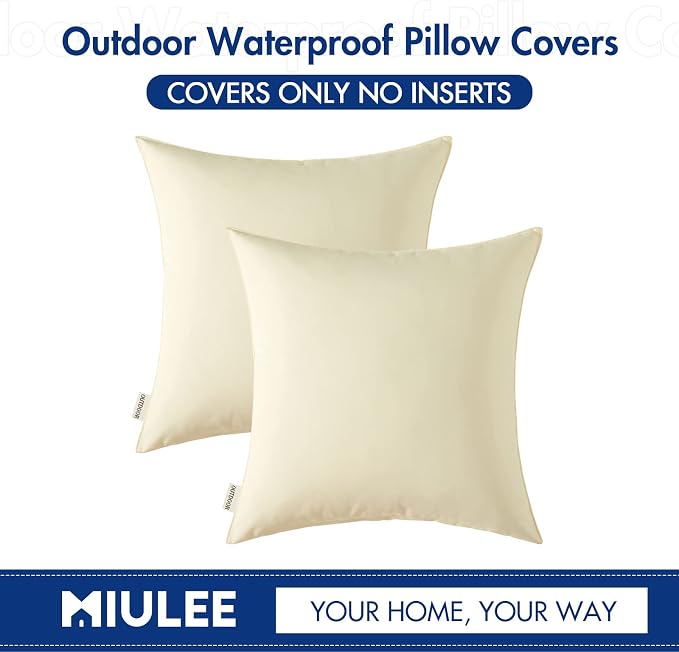 MIULEE Decorative Outdoor Waterproof Pillow Covers 20x20 Beige | Decorative Patio Furniture,Pack of 2,Accent Square Soild Throw Pillow Covers,Summer Garden Tent Couch Sofa