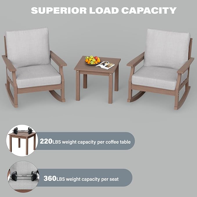 HDPE Patio Conversation Set, 3-Piece All Weather Outdoor Furniture Set with 2 Rocking Sofas for Deck, Lawn, with Cushion, Brown