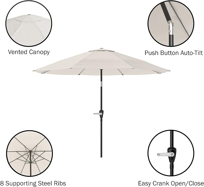 Pure Garden Patio Umbrella with Auto Tilt - 10ft Easy Crank Sun Shade with 19lb Weighted Base for Deck, Outdoor Furniture, or Pool (Tan)