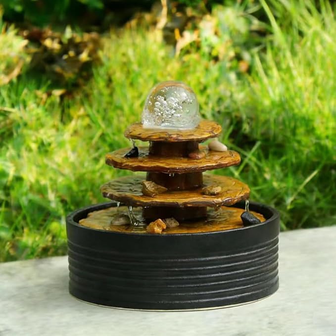 Outdoor and Indoor Tabletop Fountain Desktop Water Feature Ceramic Office (Black A195)
