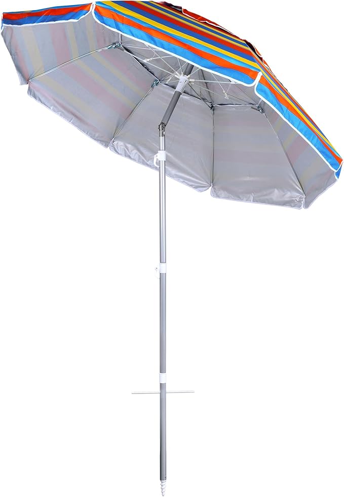 6.5 ft Beach Umbrella with Sand Anchor & Tilt Mechanism - Heavy Duty Wind Resistant UV 50+ Portable, Outdoor Folding Umbrella for Beach, Pool, Patio, GardenProtection Fits in a large Suitcase for Patio Garden Beach Pool Backyard, Blue Multi Stripe CH-1504