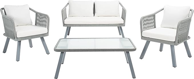 Safavieh Outdoor Collection Torsla Wicker Cushion 4-Piece Rope Patio Backyard Living Set PAT7520A, Grey/Beige