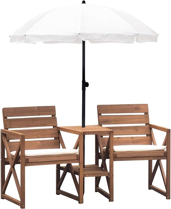 Hanover 33.5" x 27.5" Wood Outdoor Conversation Set with Two Seats, Table, and Umbrella