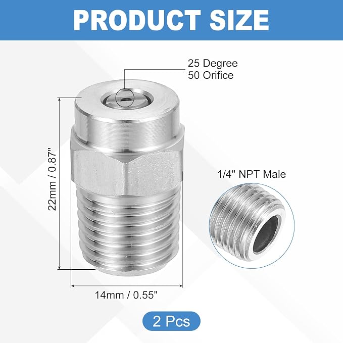 uxcell 2Pcs Pressure Washer Nozzle, Stainless Steel Thread Nozzles Tips, Universal Replacement for Undercarriage Cleaner Water Broom, 1/4 Inch NPT Male, 25 Degree 050 Orifice