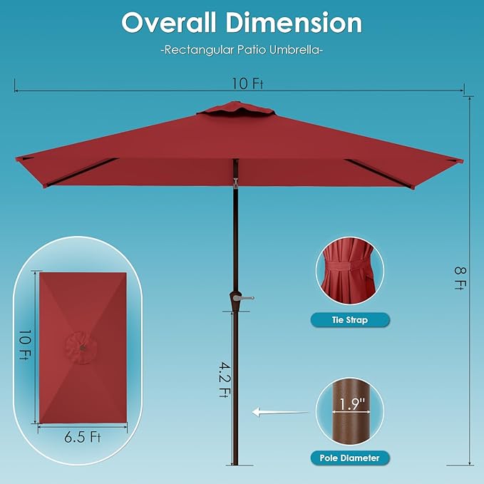 GREENVINES 6.5X10 FT Rectangular-Patio-Umbrella | Outdoor-Table-Umbrellas | 6 Sturdy Steel Ribs | Push Button Tilt & Crank | Waterproof | Market Umbrella | for Pool Backyard Garden Deck | Red