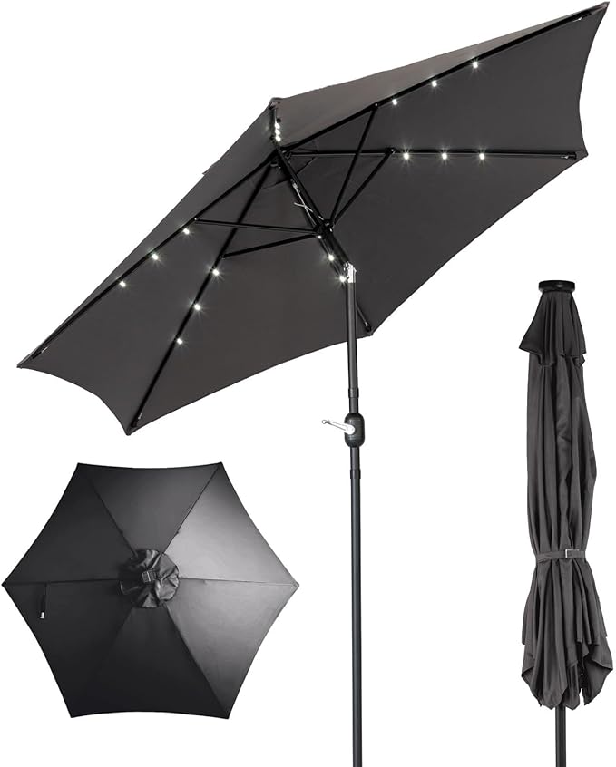 VINGLI 9FT Patio Umbrella with Solar Lights, Outdoor Umbrella with Push Button Tilt and Crank, Umbrella Outdoor Patio for Patio, Deck, Backyard, Pool