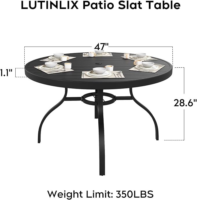 47” Round Outdoor Dining Table for 6,Metal Patio Dining Table with Adjustable Umbrella Hole,All-Weather Black Outdoor Patio Table for Porch, Garden, Backyard, Poolside, Lawn
