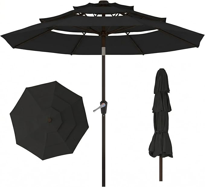 10ft 3 Tier Patio Umbrella, Outdoor Market Table Umbrella with UPF 50+ Vented Canopy, 8 Sturdy Ribs, Easy Push Button Tilt and Crank, Windproof for Deck, Pool, Backyard and Garden