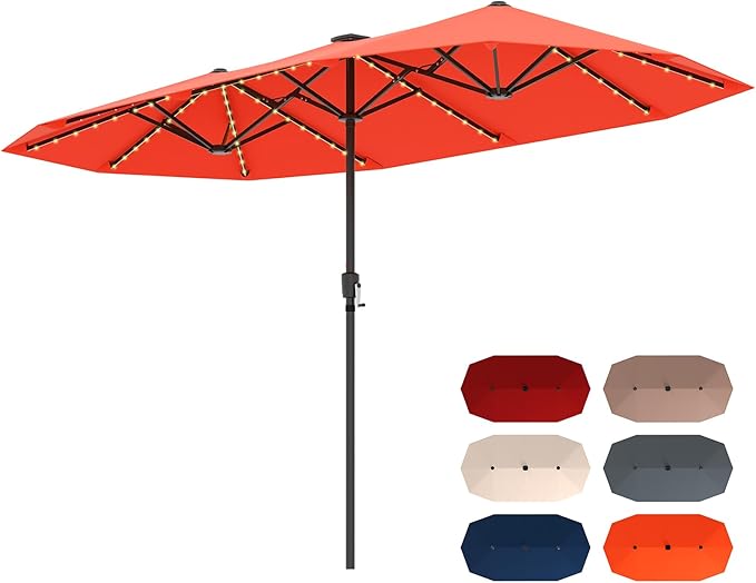 Tangkula 13 FT Solar LED Patio Umbrella, Double-Sided Outdoor Table Market Umbrella with 108 LED Lights, 12 Heavy-Duty Ribs, Crank Handle for Garden Deck Lawn Poolside Beach (Orange)