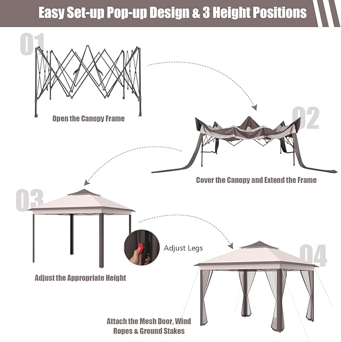 Tangkula 11x11 Ft Pop up Gazebo, 2-Tier Patio Gazebo with Netting, Carry Bag, Easy Set up Outdoor Gazebo with 121 Square Feet of Shade for Backyard, Deck, Poolside (Beige)