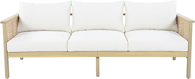Christopher Knight Home Teras 8-Seater Patio Furniture Set with Removable Cushion, 5 Piece Outdoor Acacia Wood Conversation Set, Sold Wood Outdoor Sectional Sofa Set with Coffee Table,Light Teak+Cream