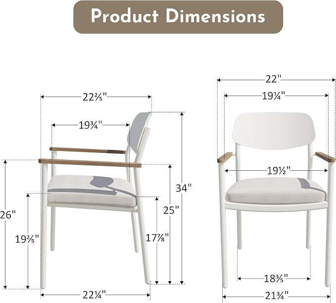 Modern Shade Lusso Outdoor Dining Chairs Set of 4, Fade Resistant, All-Aluminum Outdoor Chairs with FSC Teak Wood Armrests, Weather-Resistant Patio Chair with Quick Dry Cushion, White