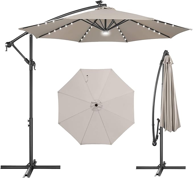 Solar Offset Patio Umbrella - 10 FT Solar Cantilever Umbrella Outdoor with 40 LED Lights and Cross Base, UV Protection for Garden, Deck, Backyard, Pool, Porch, Taupe
