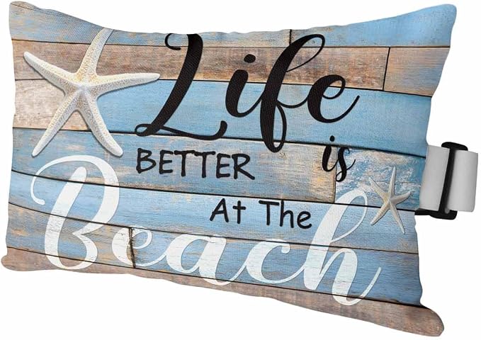 Beach Life with Starfish Outdoor Head Pillows for Recliner Lounge Chair,Pack of 1 Waterproof Throw Pillow Cushion Cases with Insert&Elastic Strap,Vintage Wooden Plank Neck Pillow for Patio Beach
