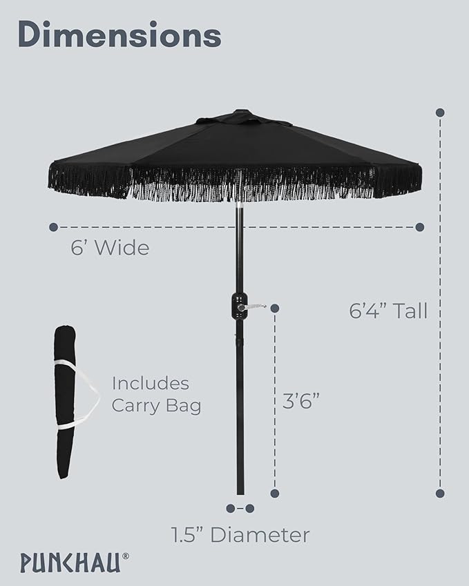 6 Ft Fringe Patio Umbrella - Outdoor Umbrella for Patio, Pool, Table, Garden, & Deck, Push Button Tilt Pole - Fashionable Vintage Tassels - White