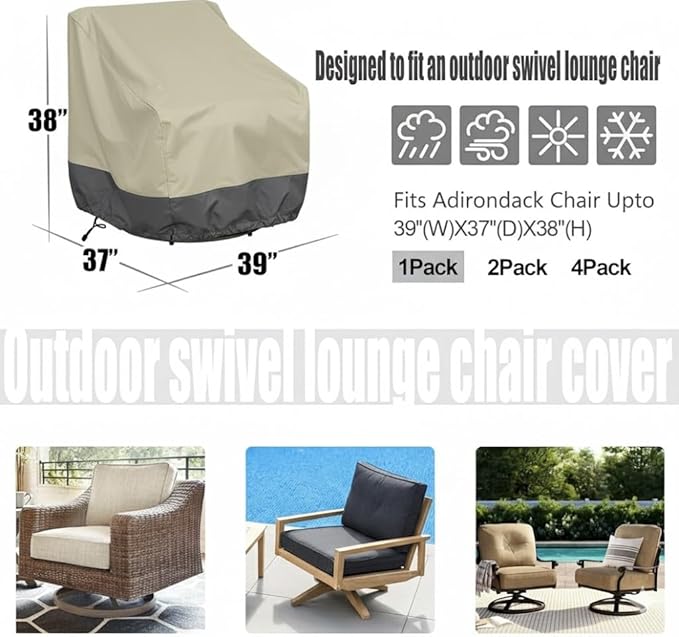 1 Pack Heavy Duty Patio Chair Covers - Rip-Resistant 600D Oxford Fabric - 8000mm Waterproof UV-Resistant Outdoor Furniture Covers for Adirondack, Rocking, and Swivel Chairs, 39"W x 37"D x 38"H