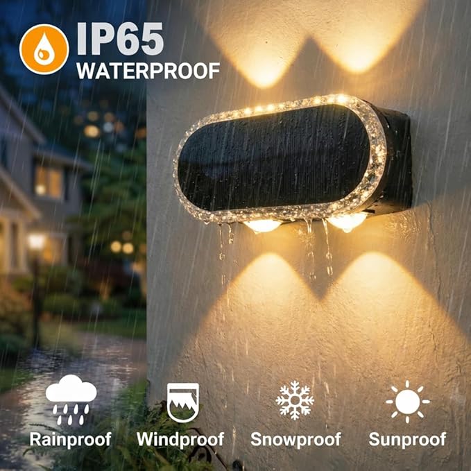 Fence Lights Solar Powered: Outdoor Wall Lighting IP65 Waterproof - Dual Focused LED Up Down - 3000K–6000K 3 Modes for Porch Backyard Patio - Diamond Crystal Cut Design 6 Pack