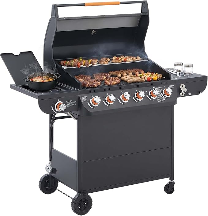 6-Burner Propane Gas BBQ Grill with Side Burner, 72,000 BTU Stainless Steel Barbecue Grill with Cast Iron Grates and Side Table for Outdoor Cooking Kitchen Patio