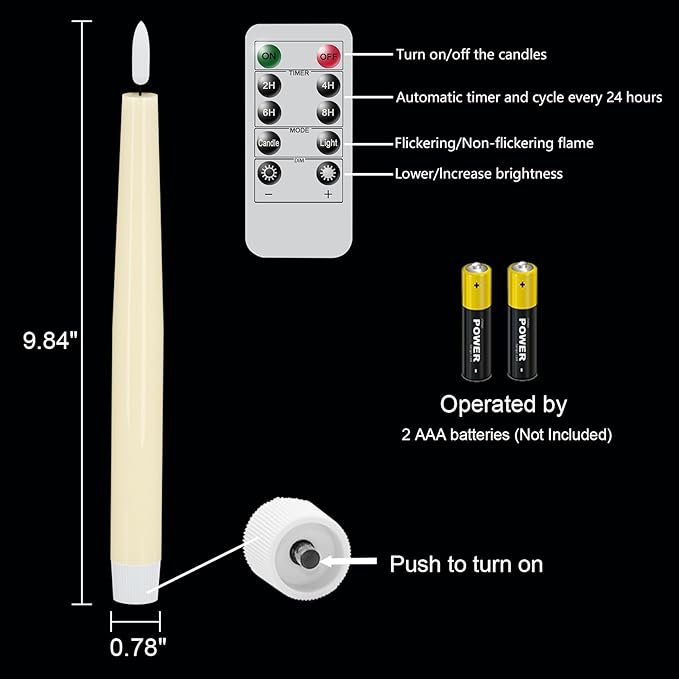 GenSwin Flameless Taper Candles with Remote Timer, Real Wax LED Flickering Candlesticks Battery Operated 3D Wick for Wedding, Party, Home(Ivory, 9.84", Set of 3)