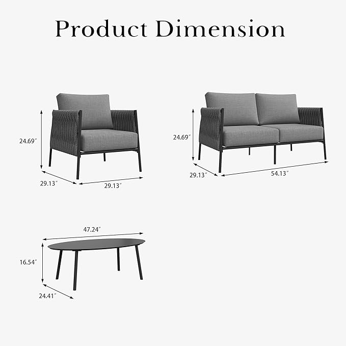 LayinSun 4 Piece Outdoor Furniture Set with Coffee Table, Modern Rope Woven Patio Conversation Sofa Set with Olefin Braid and Deep Seating