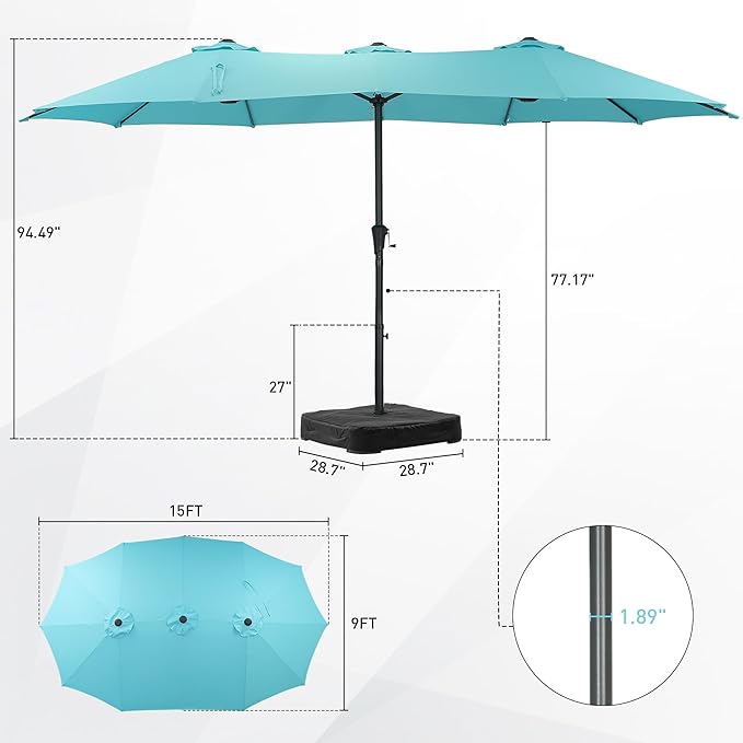 15 ft Patio Umbrella with Base, Large Rectangle Outdoor Umbrella with Matching Stand, Strap, Crank, Blue