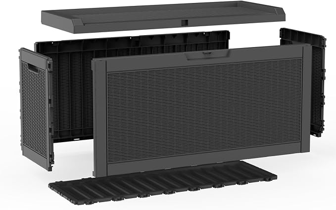 75 Gallon Outdoor Deck Storage Box, All Weather Rattan Textured Lockable Storage Bin for Poolside, Patio, Backyard Large Outdoor Storage (Black, 75GAL)
