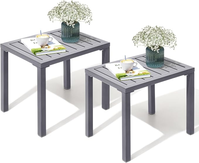 Crestlive Products Outdoor Side Table Set of 2, Aluminum Rectangular Side/End Table, Small Patio Coffee Bistro Table for Outdoor Indoor (Light Grey)