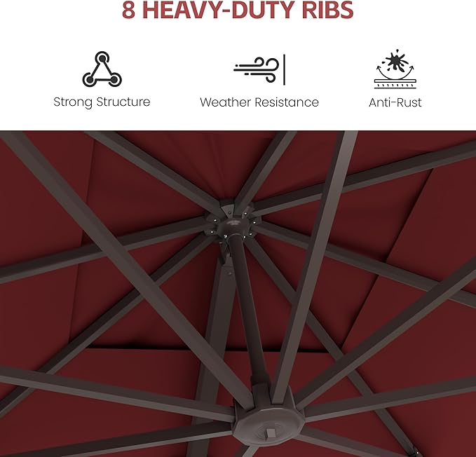 GENTEACO 10X10 FT Cantilever Umbrella, Large Offset Patio Umbrella with 6 Angle Tilts & 360° Rotation, Large Square Sun Umbrellas for Outdoor Patio Pool Deck Market, Red