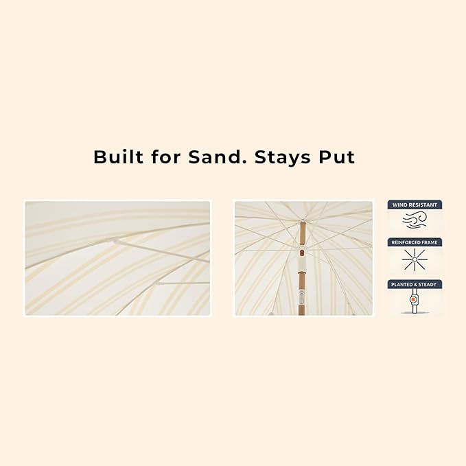 6FT Stripe Fringe Beach Umbrella for Sand with Sand Anchor, UPF 50+ Sun Shade with Tassels, Adjustable Tilt Pole, Portable Coastal Umbrella for Beach & Pool, Heritage Mimosa Stripe