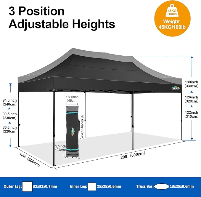 COBIZI 10x20 Pop up Canopy Tent 10x20 Canopy with 6 Sidewalls Waterproof Heavy Duty Commercial Canopy Tent for Parties Outdoor Garden Gazebo, Carry Bag with Wheel(10x20ft,Space Black)