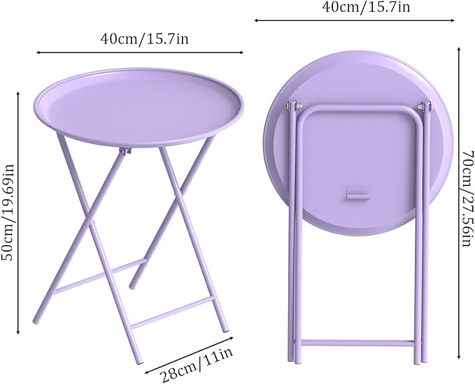 Garden 4 you Folding TV Tray Table, Metal Round Side Table, Purple Dinner Table with Metal Frame, Modern Outdoor Tray Table for Living Room, Bedroom, Patio & Small Spaces, 2 Packs