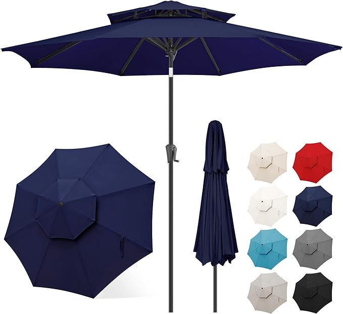 FLAME&SHADE 9ft Patio Umbrella - 2 Tiers Outdoor Umbrella with Push Button Tilt and Crank for UV Protection, Table Market Umbrella for Garden, Deck, Backyard, Pool and Beach(Navy Blue)