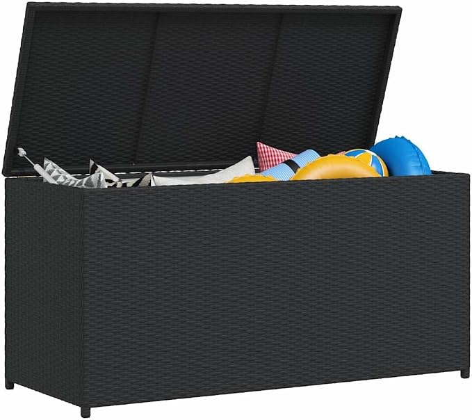PE Rattan Garden Storage Chest Black 47.2x19.7x23.6 Inches Outdoor Patio Storage Box with Polyester Lining and Powder-Coated Steel Frame