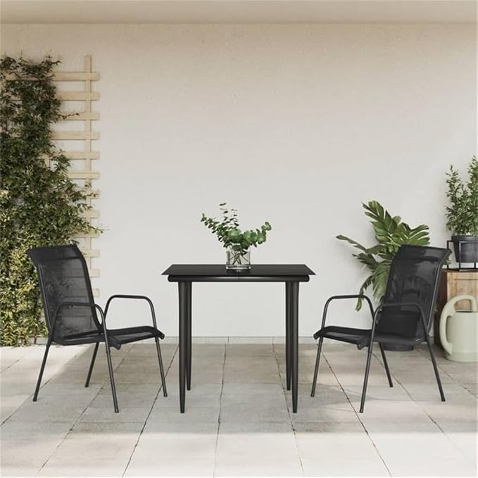 Afuera Living 3 Piece Steel Garden Dining Set, Black Powder-Coated Frame, Tempered Glass Tabletop, Anthracite Textilene Seats, Ergonomic Compact Outdoor Patio or Balcony Furniture for 2 People
