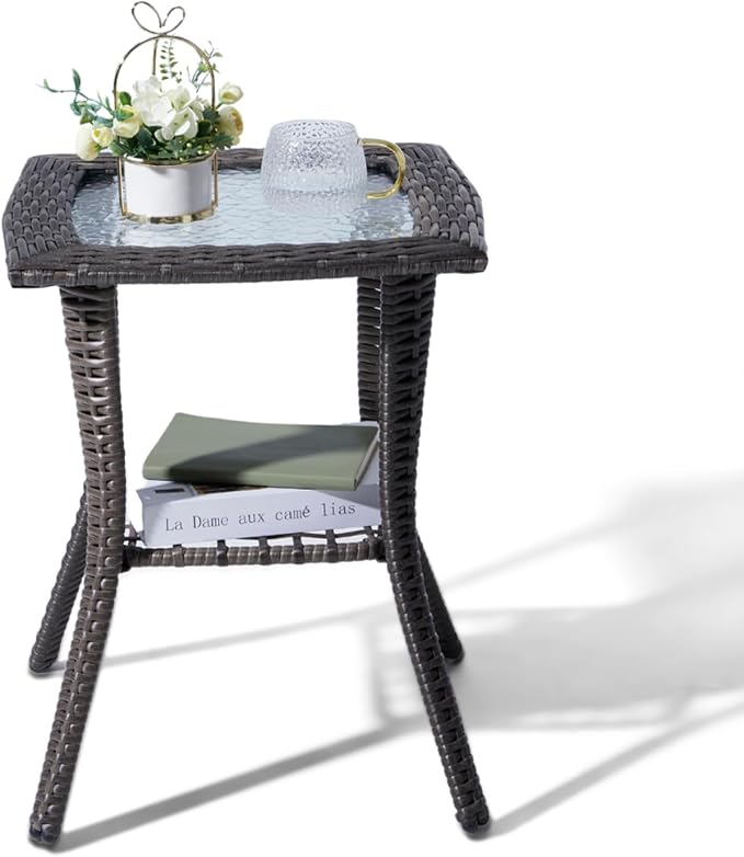 Outvita Rattan Outdoor Side Table with Glass Top & Storage Shelf | Small patio end coffee table, multi-scene furniture for porch, backyard, balcony and indoor living room use