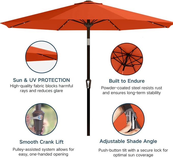 9' Solar LED Patio Umbrella with Tilt & Crank|8 Sturdy Ribs,UV Protection,Outdoor Market Table Umbrella for Deck,Lawn,Pool,Backyard(Orange)